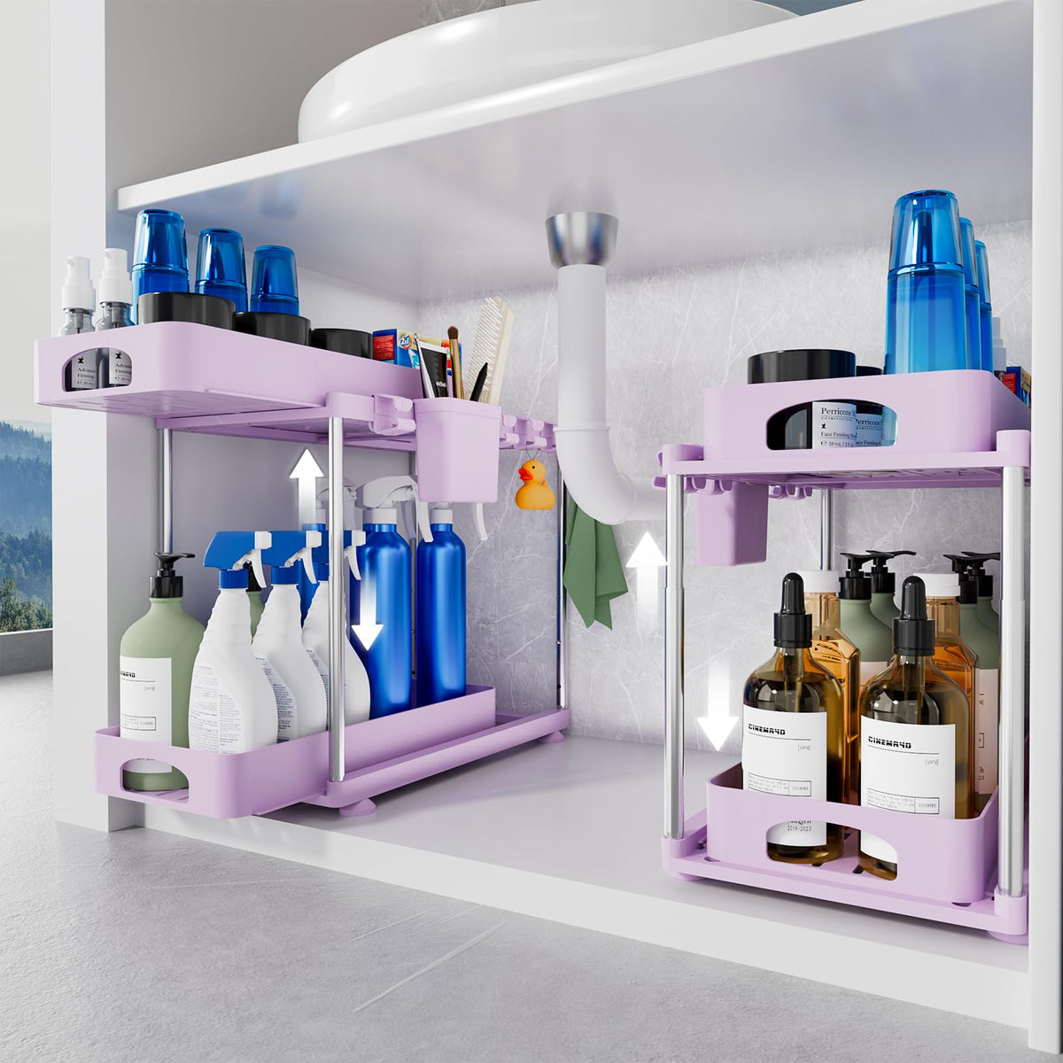 VERIFOST under-sink organizer with dual pull-out shelves improves access to stored items.