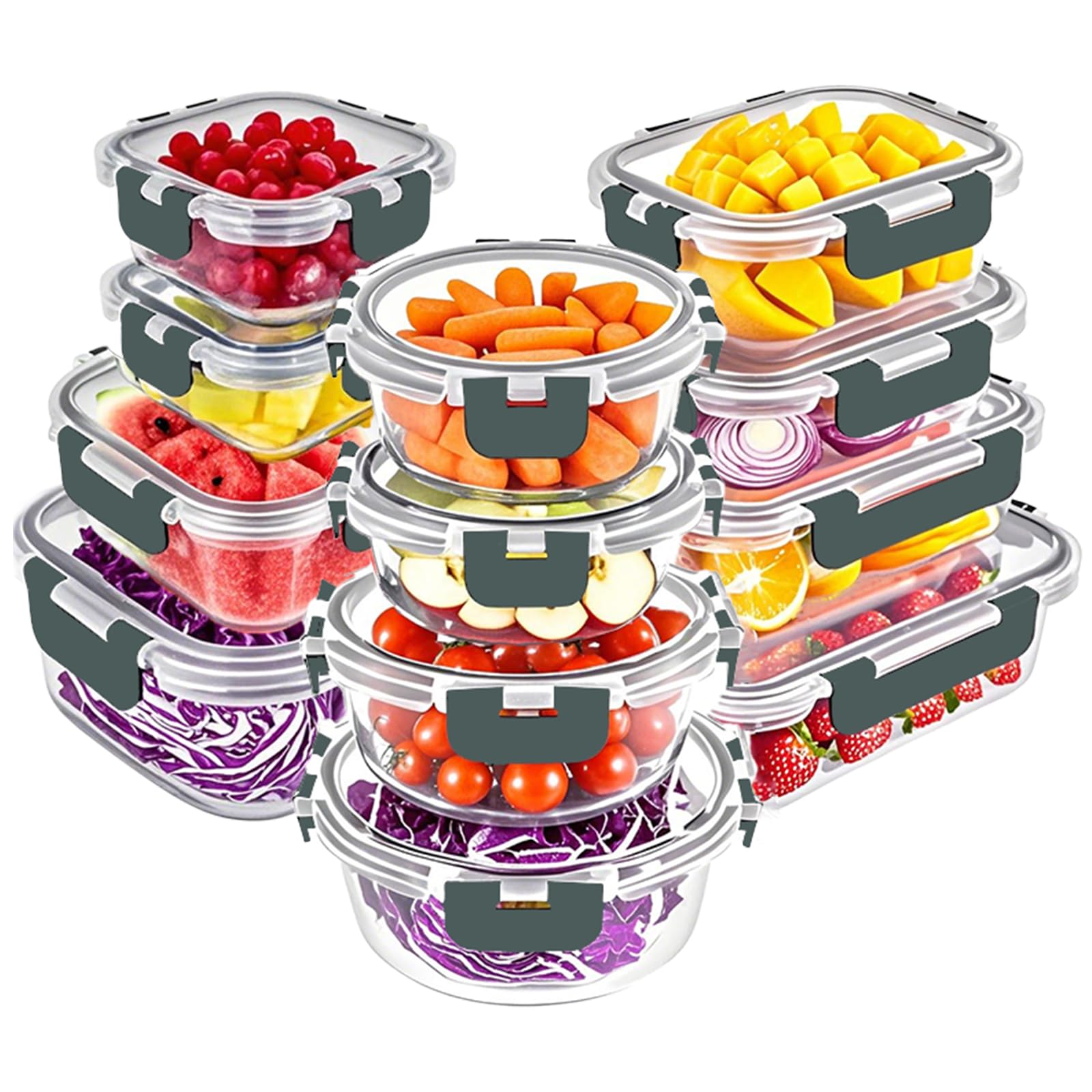 VERONES 12-pack glass containers with locking lids for spill-free meals.