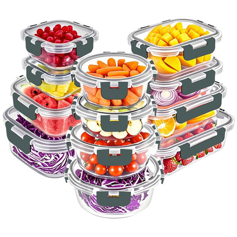 VERONES 12-pack glass containers with locking lids for spill-free meals.