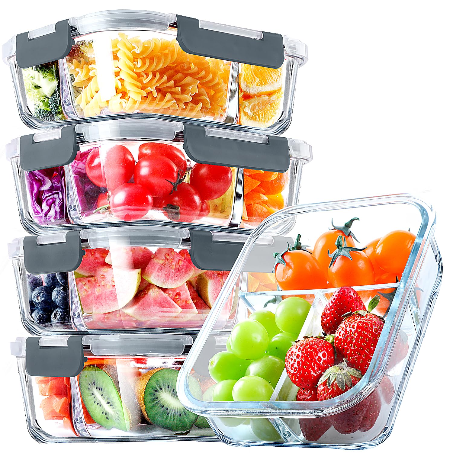 VERONES 5-pack glass meal prep containers with three compartments for balanced portions