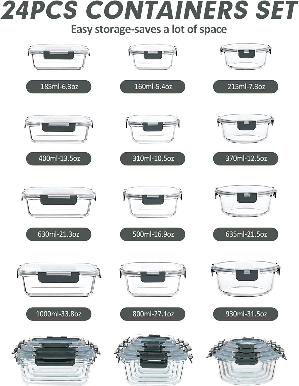 VERONES glass meal prep set in varied sizes for portion control.