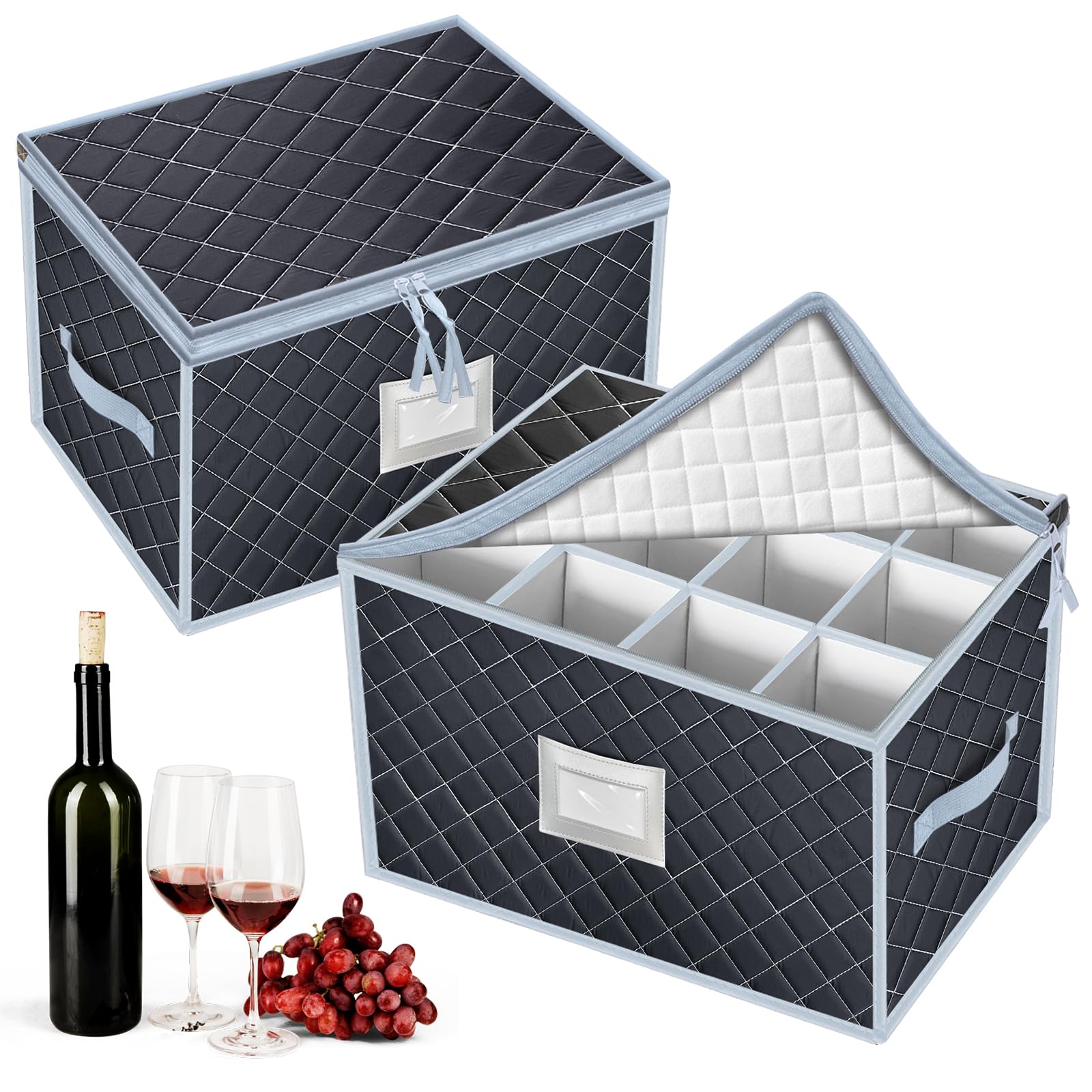 VERONLY wine glass storage box with 24 compartments in grey, organized for safe stemware storage.