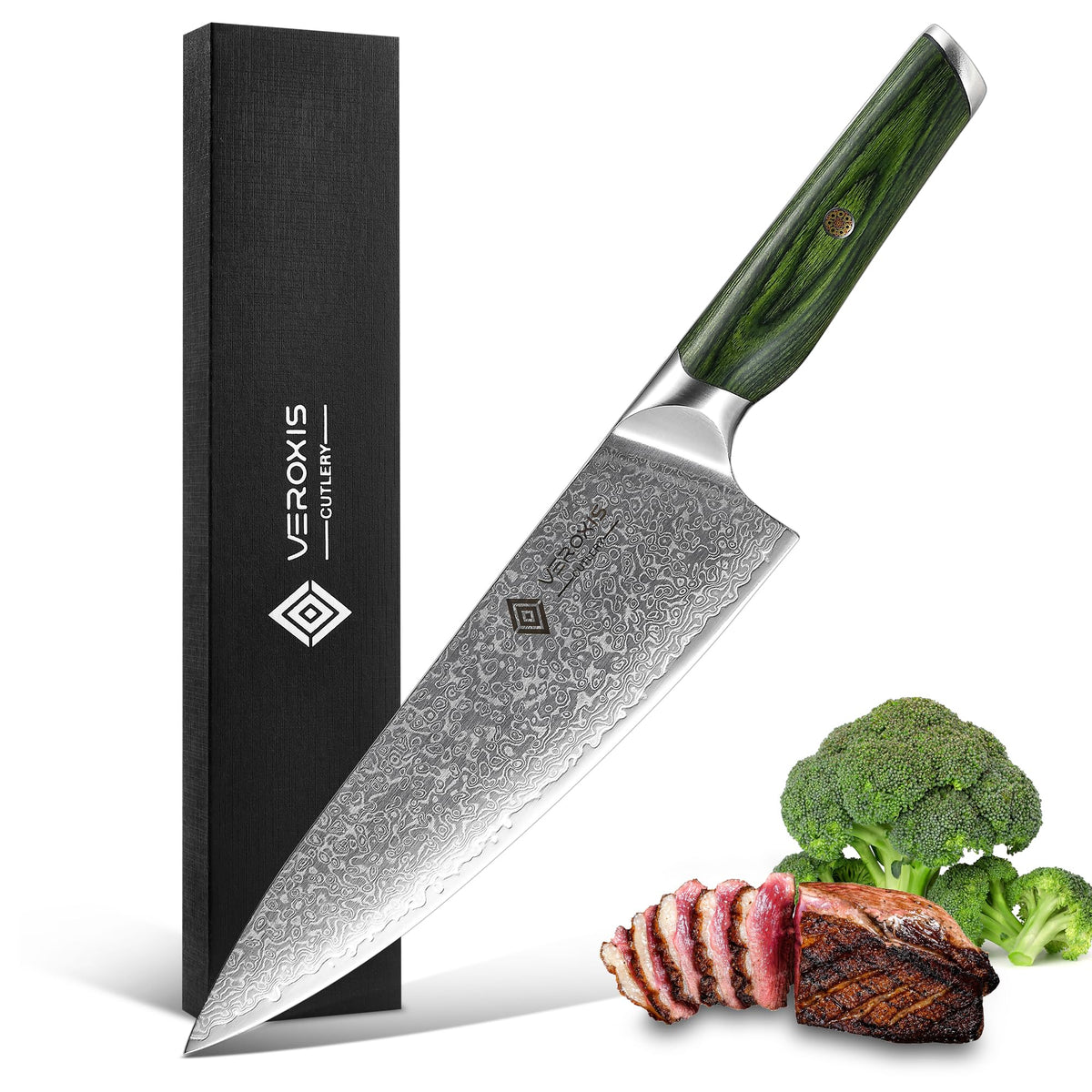 VEROXIS Damascus 8-inch chef knife blade close-up for precise slicing