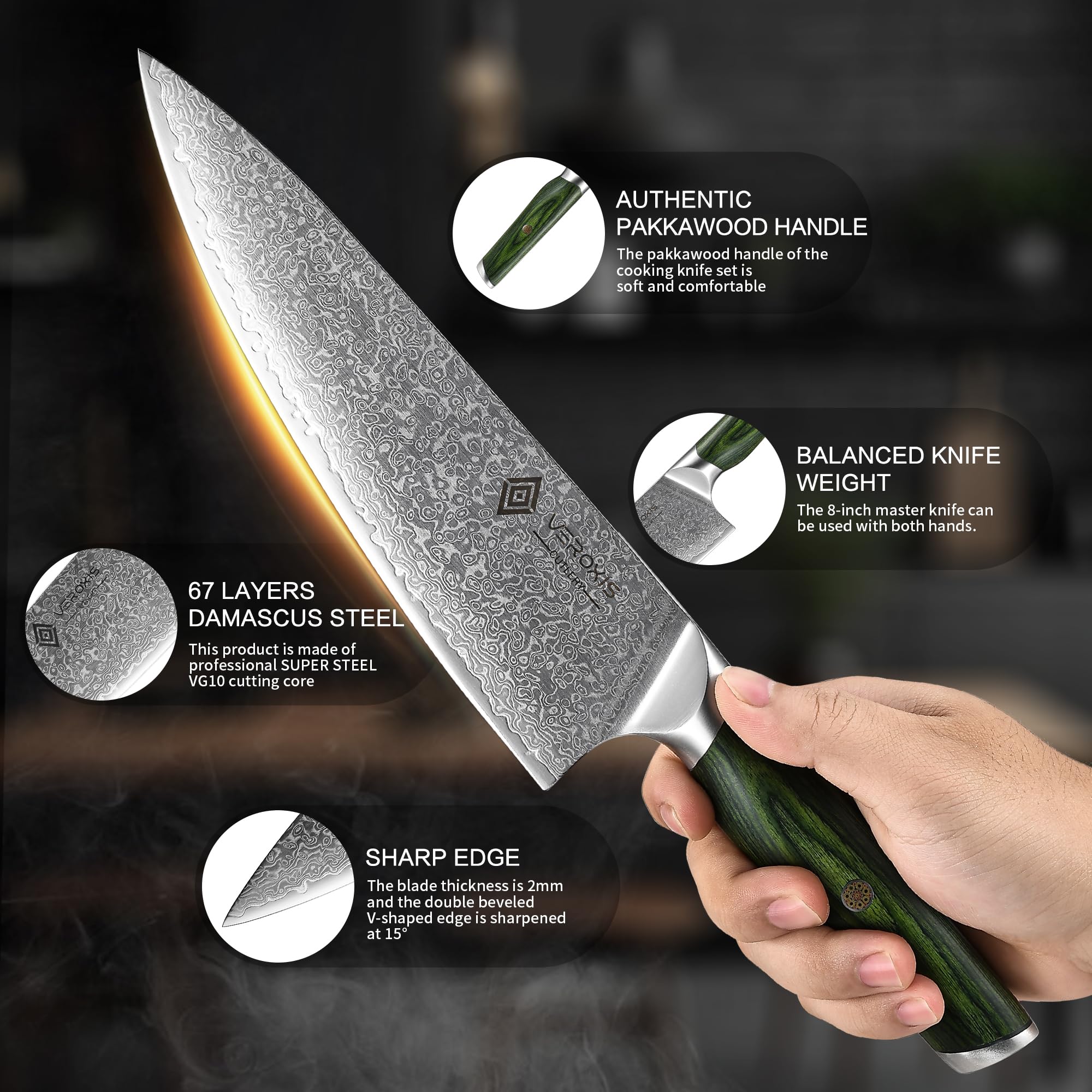 VEROXIS Damascus chef knife with ergonomic pakkawood handle for comfortable grip