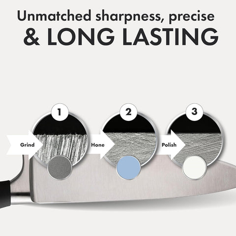 Premium wood finish base adds style and stability during sharpening