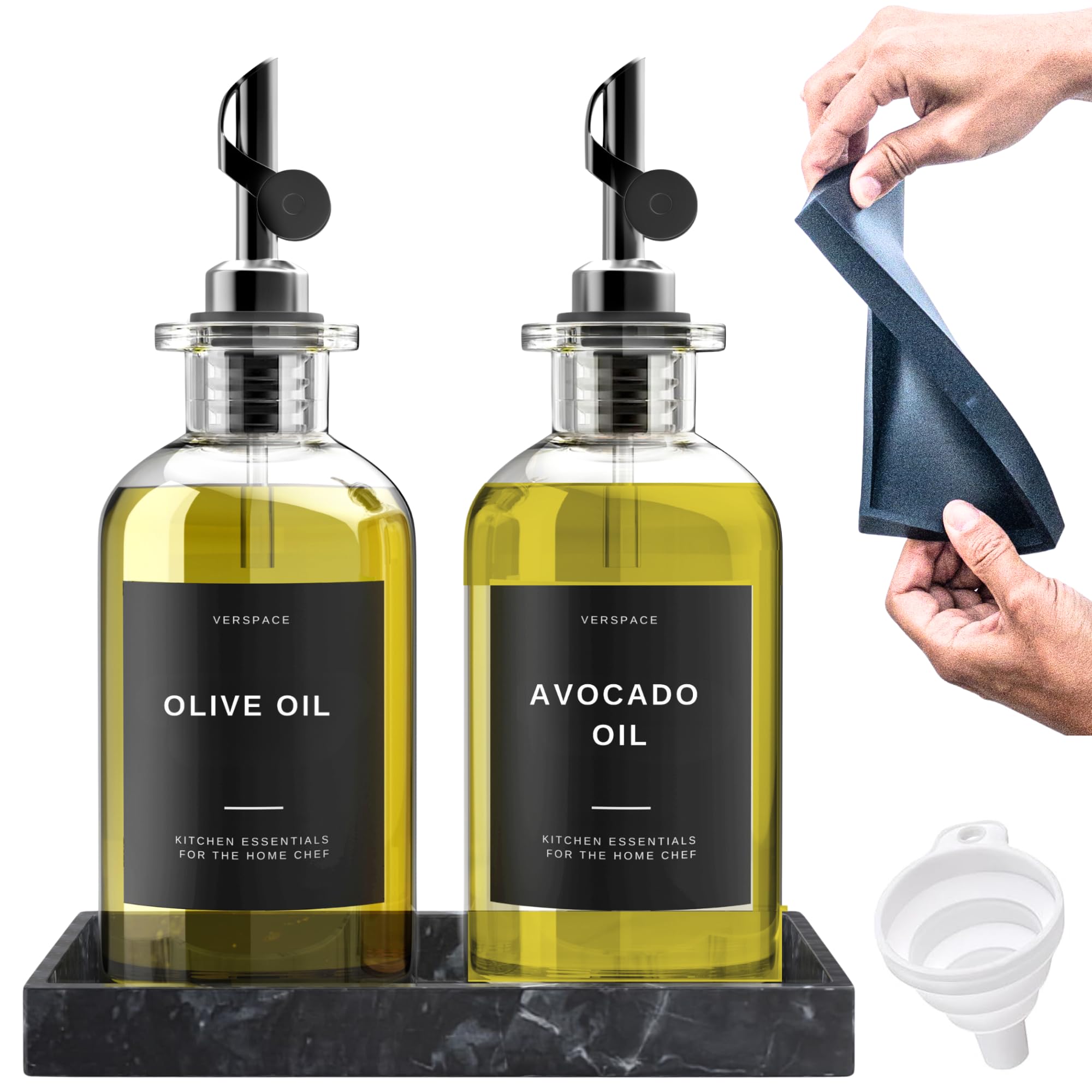 Verspace clear glass oil dispensers set of 2 with black finish for easy monitoring.