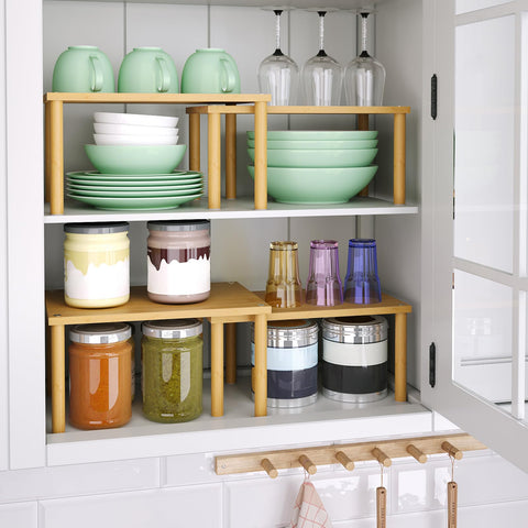 VERTORGAN bamboo cabinet organizer top view highlights stackable design.