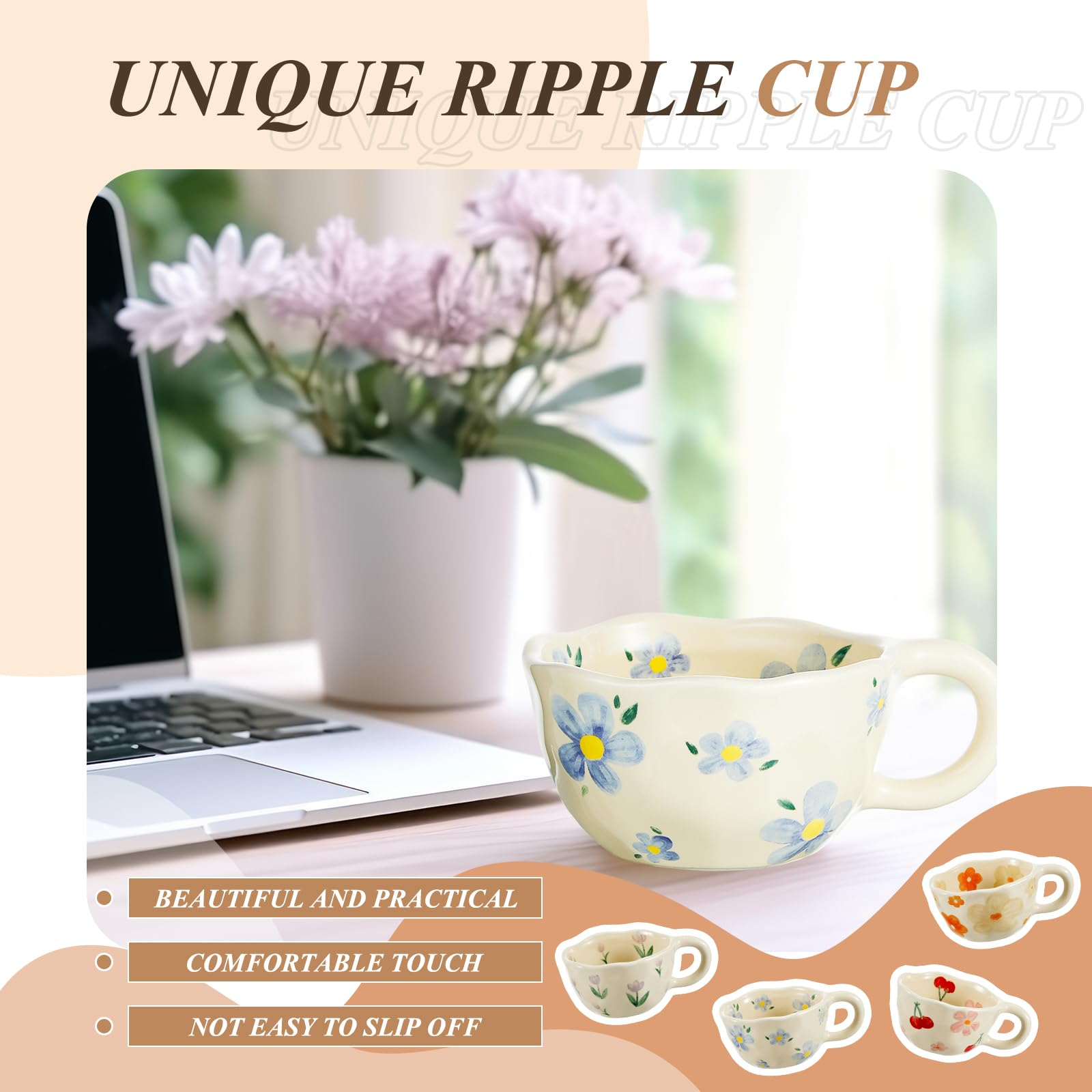 Vesici mugs with handles, 8.5 oz, dishwasher and microwave safe.