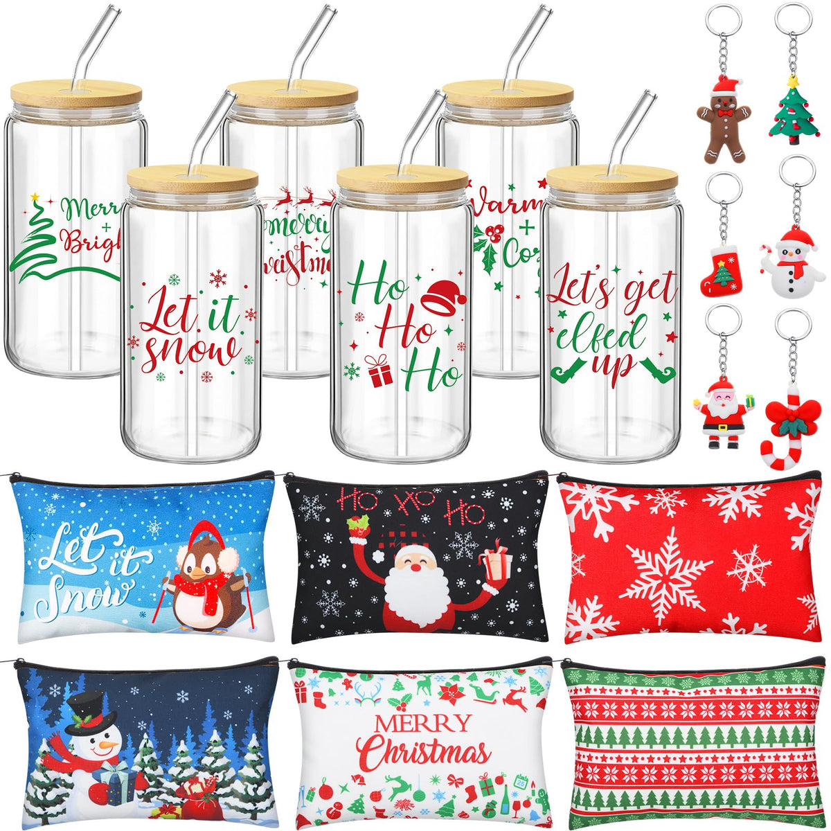 Vesici Christmas glass tumbler with lid and straw for festive drinks