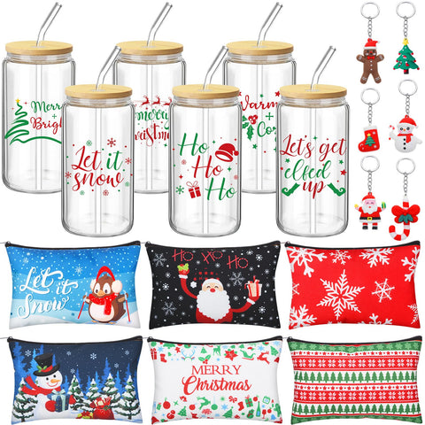 Vesici Christmas glass tumbler with lid and straw for festive drinks