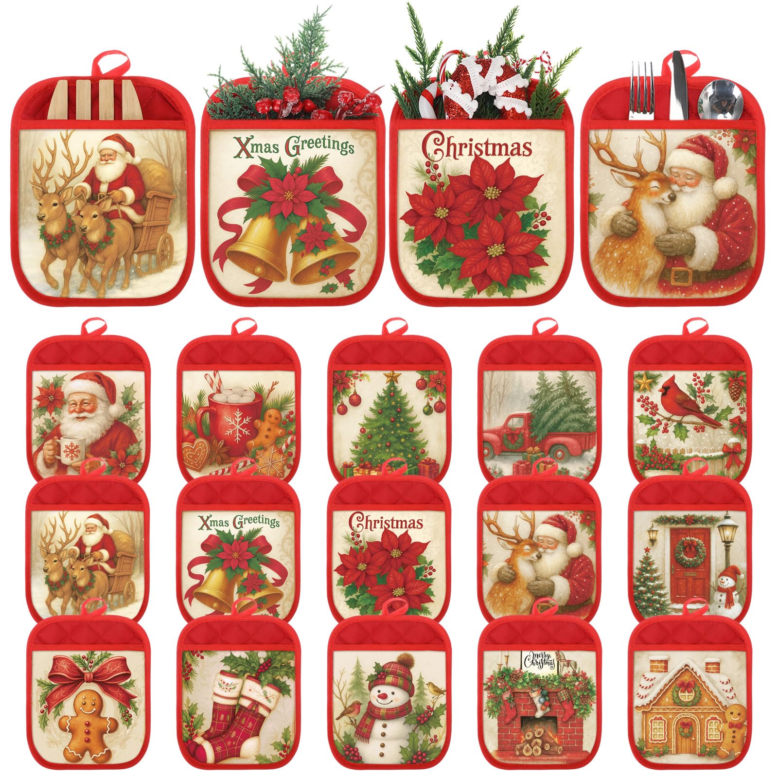 Vesici Christmas pot holder with pocket set keeps utensils organized while cooking.