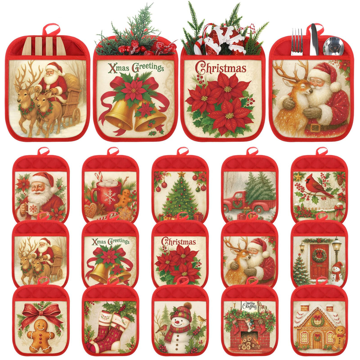 Vesici Christmas pot holder with pocket set keeps utensils organized while cooking.