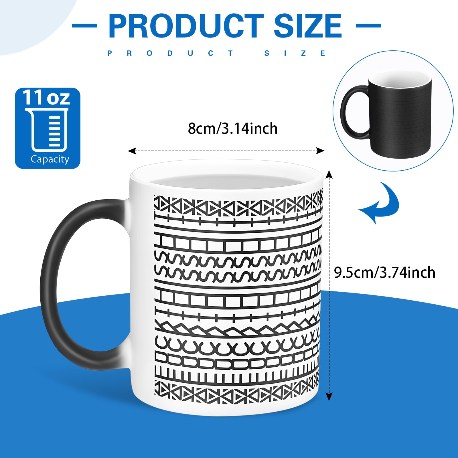 Vesici heat-change mug reveals hidden message when heated for a whimsical surprise.