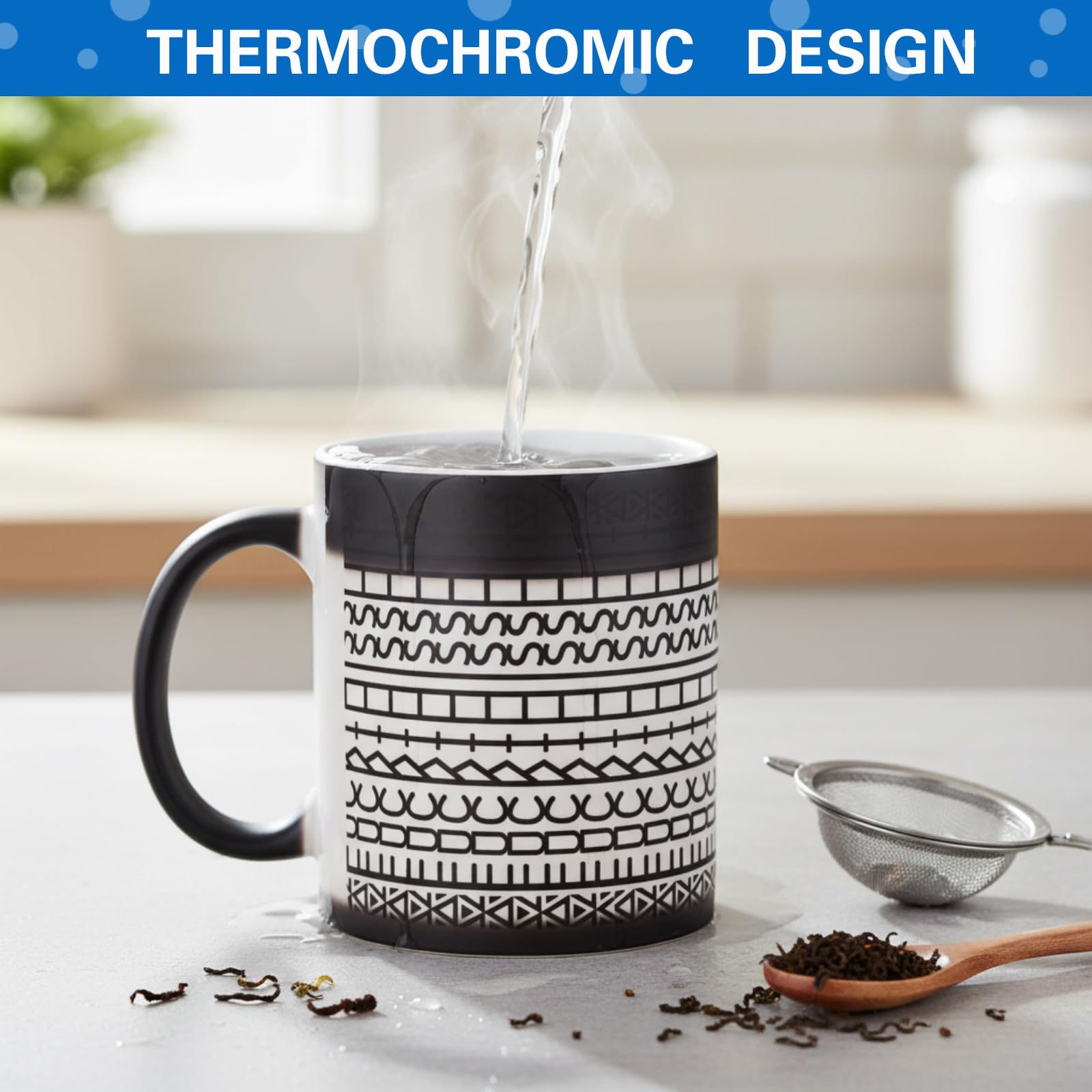 Vesici heat-change mug positioned on desk, ideal for office pranks and conversations.