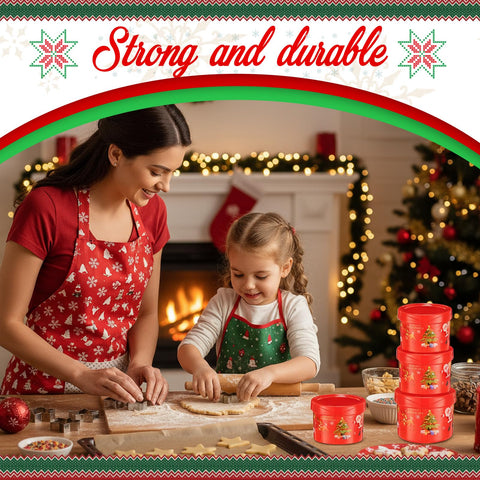 Vesici red Christmas design tins add festive charm to shelves.