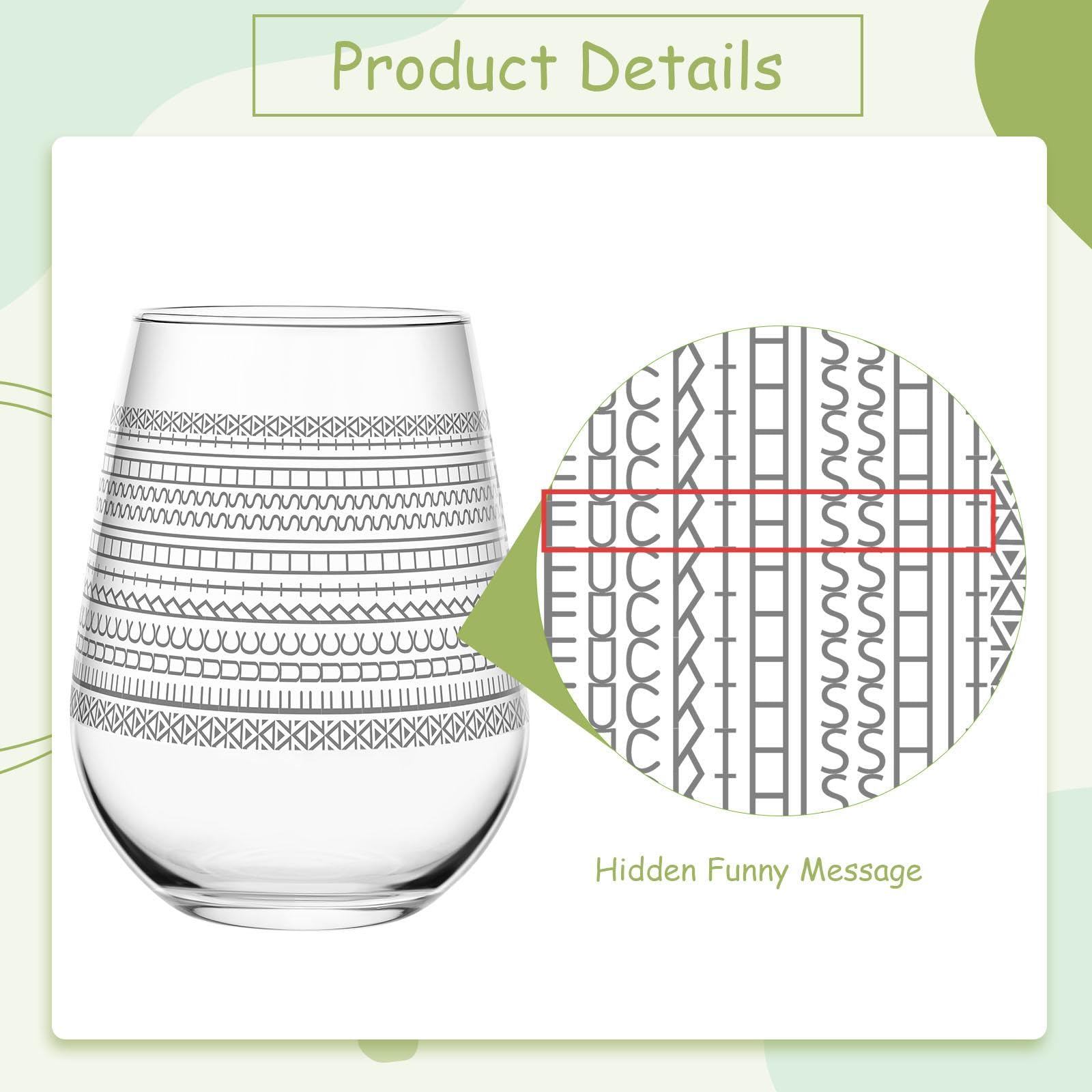 Vesici rune-pattern wine glass with concealed message adding humor.