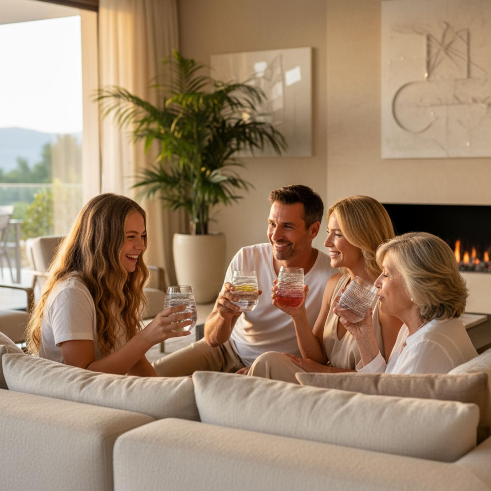 Vesici white-elephant gift wine glass sparks party laughter.