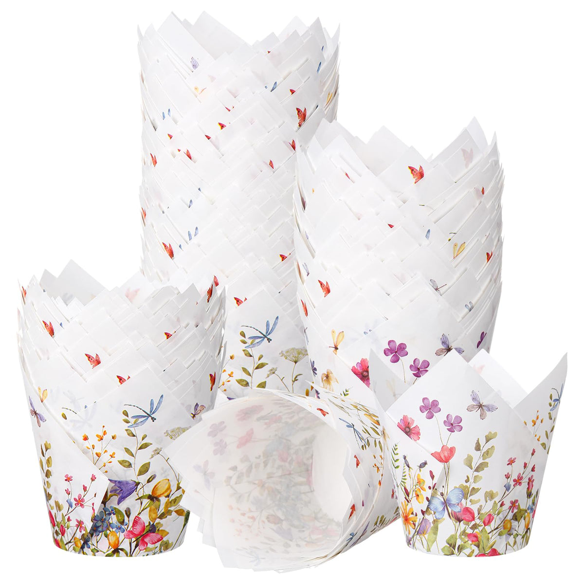Vesici wildflower tulip cupcake liners pack with colorful floral motifs for spring baking