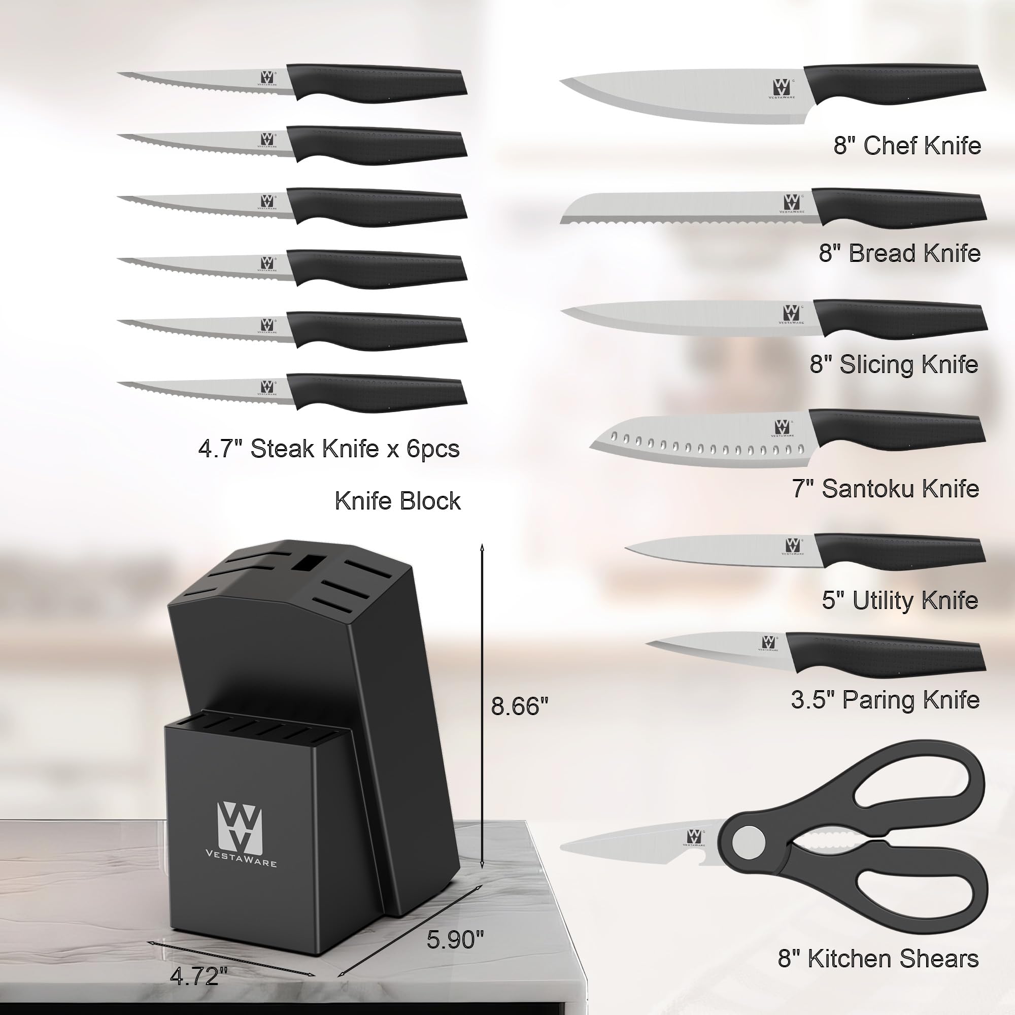 Vestaware kitchen shears with wood block for safe storage and access
