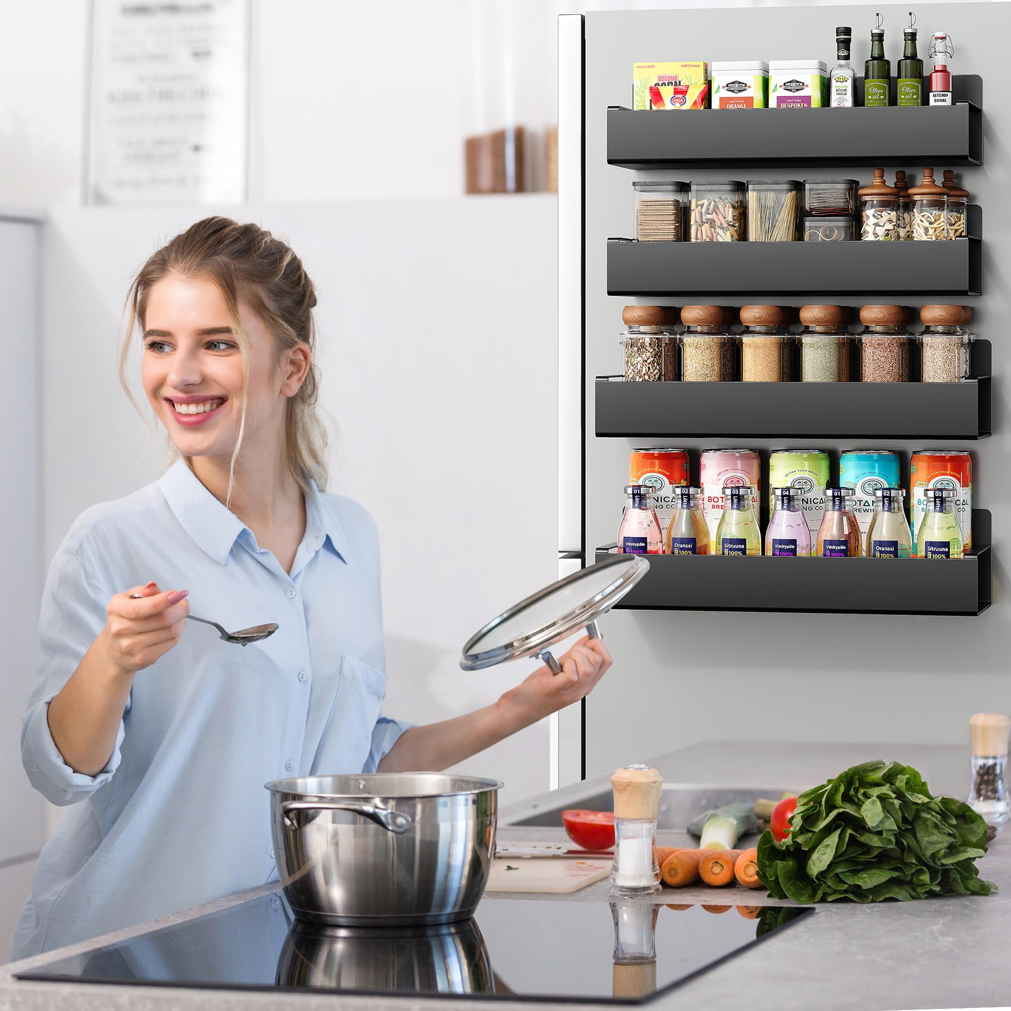 Vetacsion large shelf on fridge door displays jars neatly, saving counter space