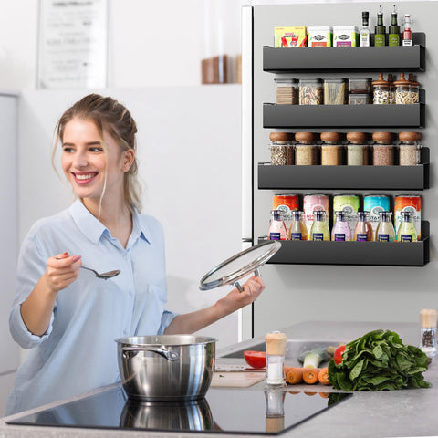 Vetacsion large shelf on fridge door displays jars neatly, saving counter space