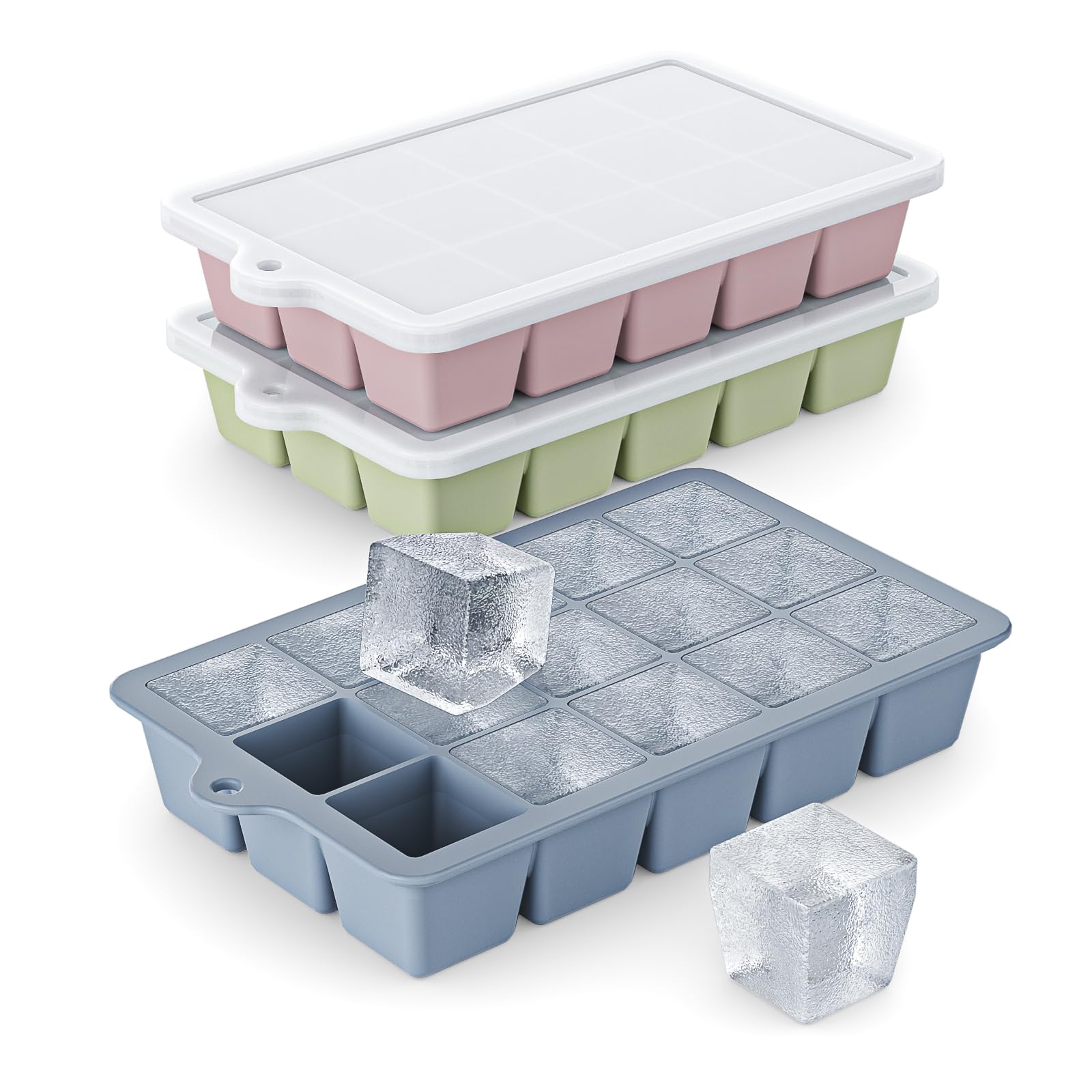 Vethwal silicone ice cube tray 3-pack with blue lid for easy-release cocktails