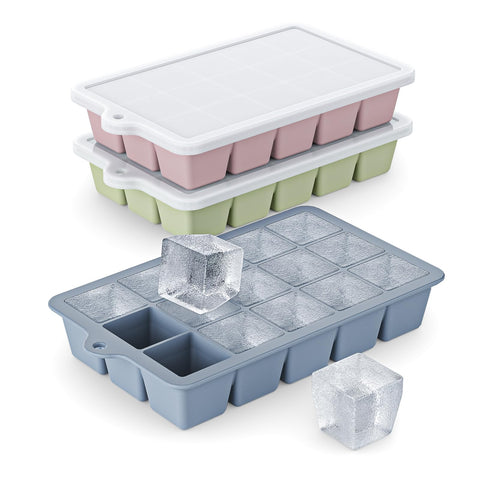Vethwal silicone ice cube tray 3-pack with blue lid for easy-release cocktails