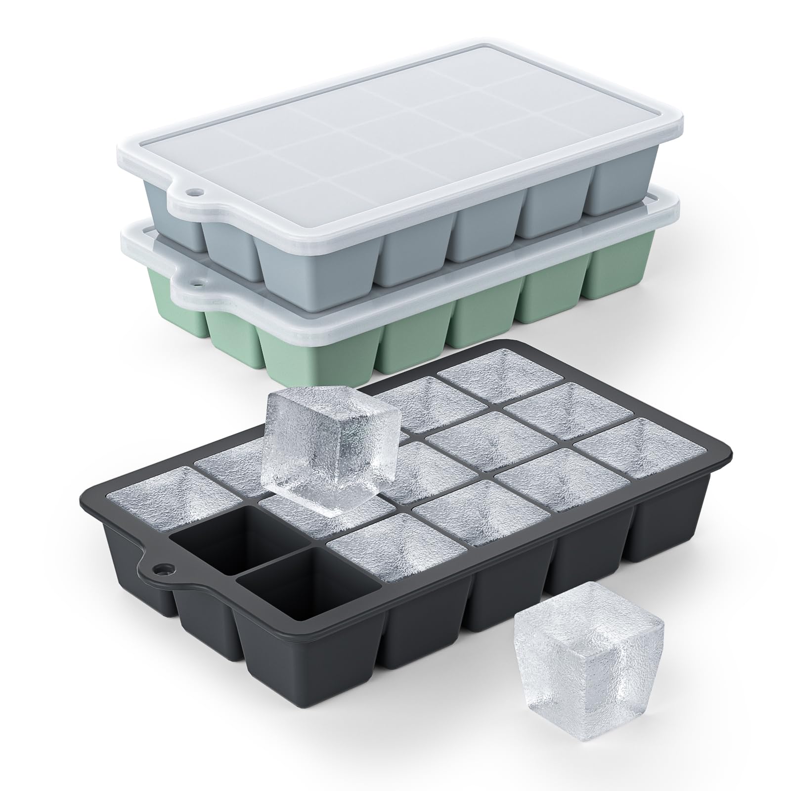 Vethwal silicone ice cube tray 3-pack with easy-release lids for quick ice release