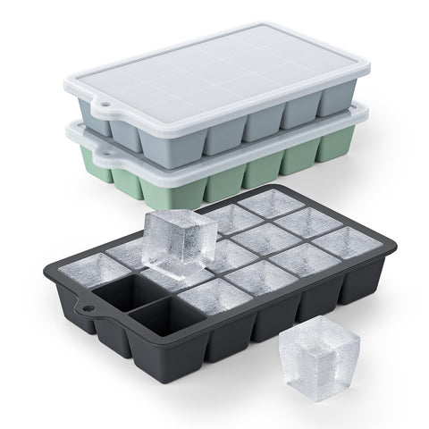 Vethwal silicone ice cube tray 3-pack with easy-release lids for quick ice release
