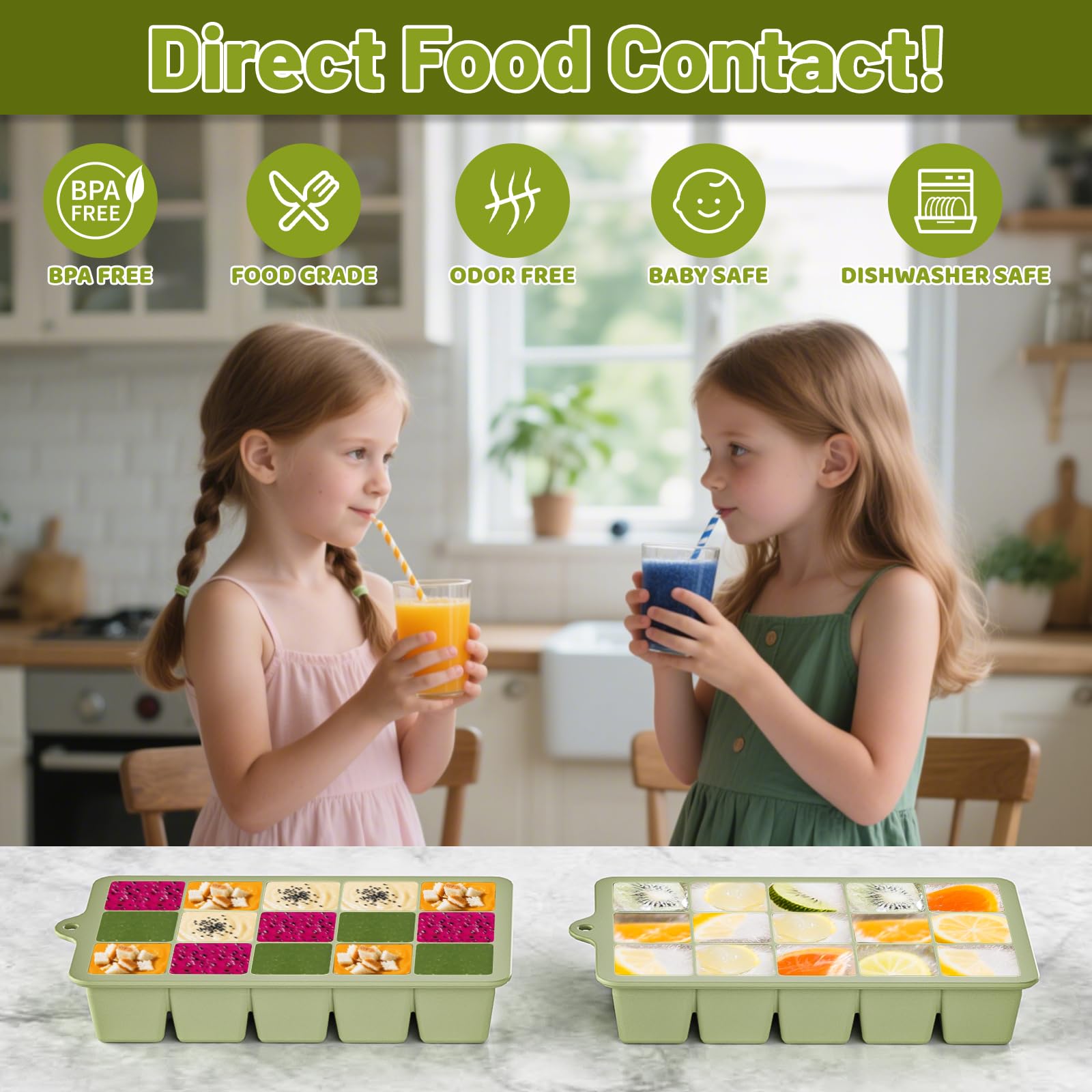 Vethwal silicone ice cube tray green lid with removable lid for fresh ice