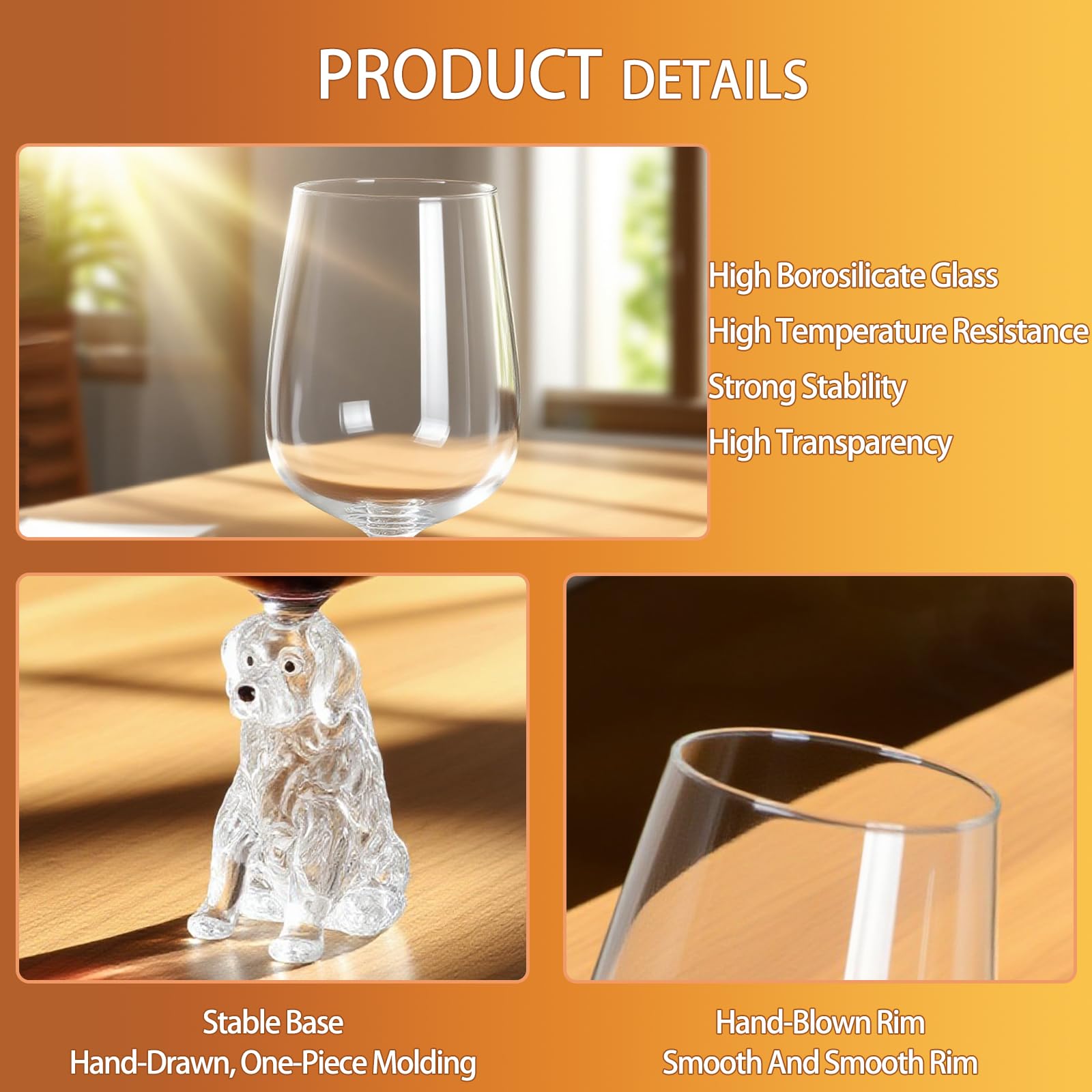Veuverig Golden Retriever wine glass with stable base on surfaces.