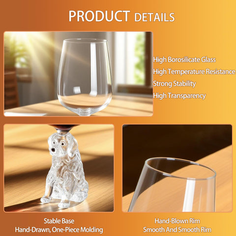 Veuverig Golden Retriever wine glass with stable base on surfaces.