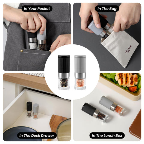 VEVOK CHEF mini salt grinder with adjustable knob highlights customizable coarseness for different recipes.