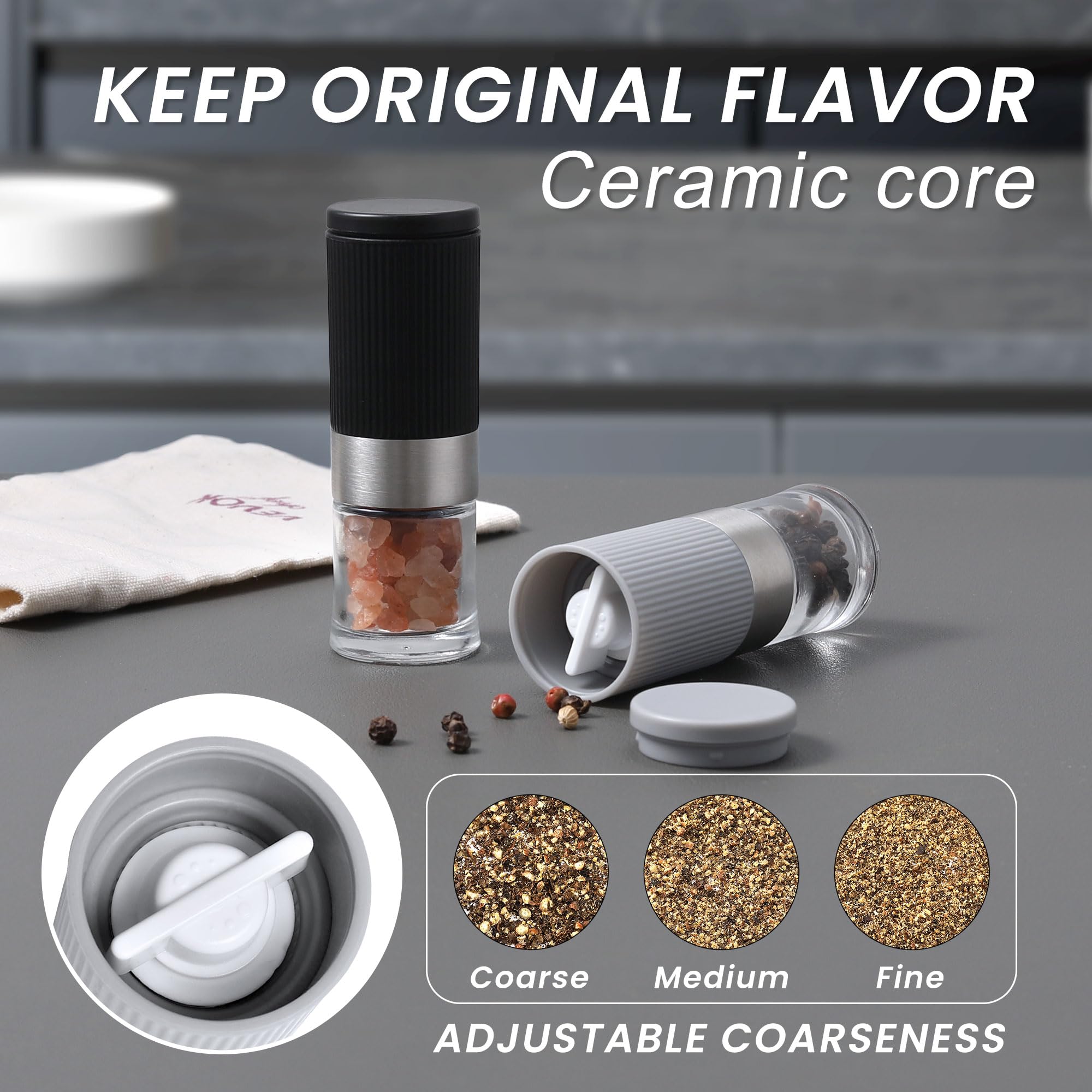 VEVOK CHEF mini grinders with funnel assist filling spices without spills during cooking.