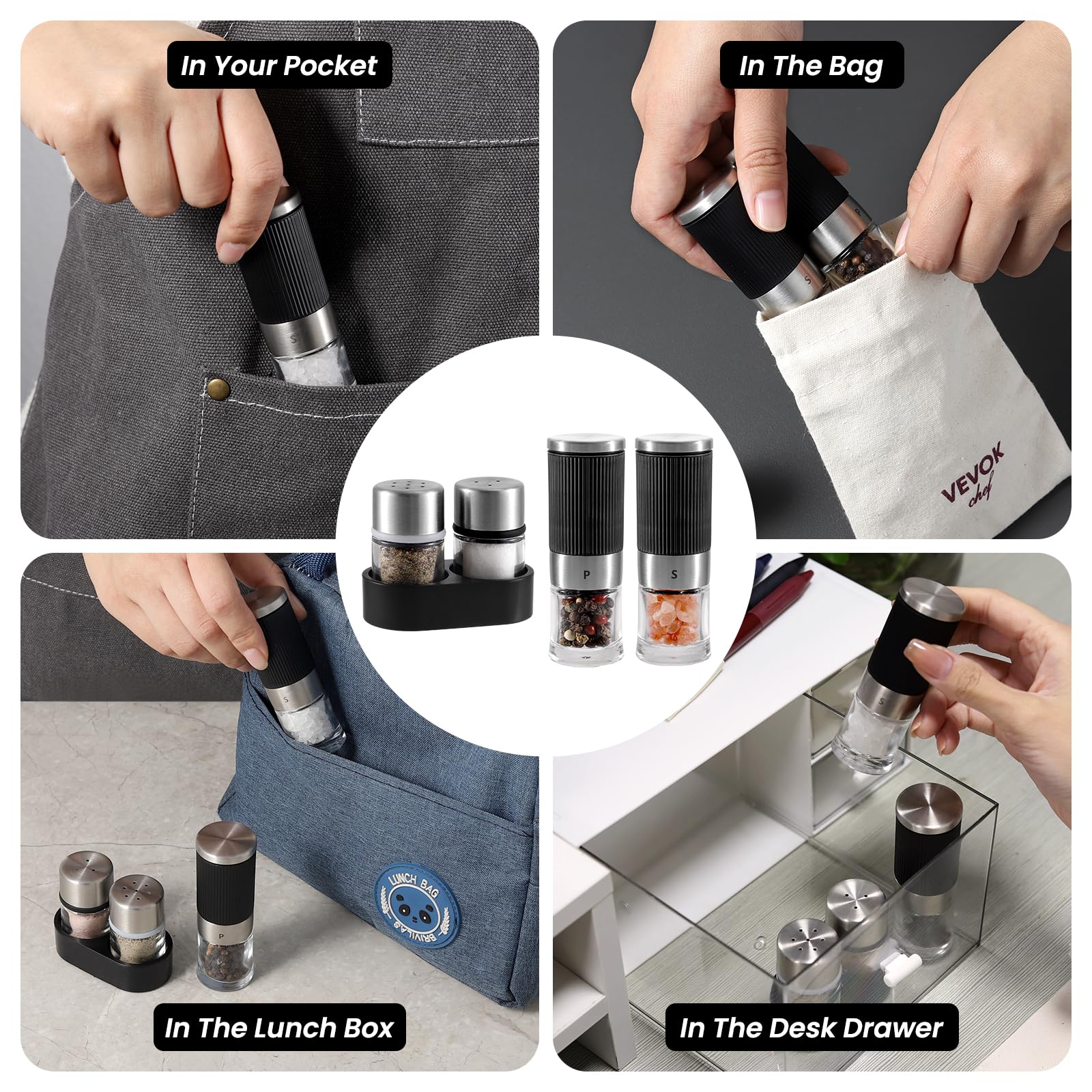 VEVOK CHEF mini pepper grinder in a compact travel design for quick grinding.