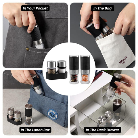 VEVOK CHEF mini pepper grinder in a compact travel design for quick grinding.