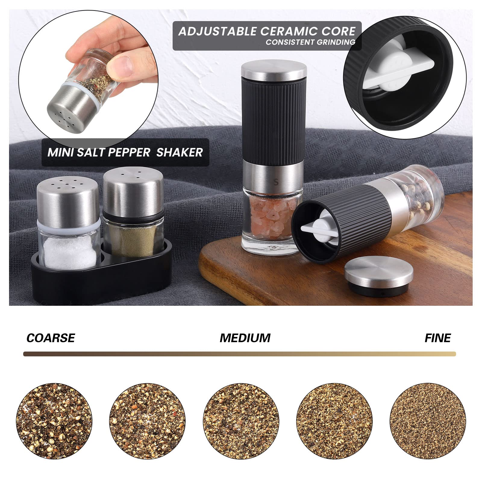 VEVOK CHEF spice mill highlighting adjustable coarseness for customized grind.