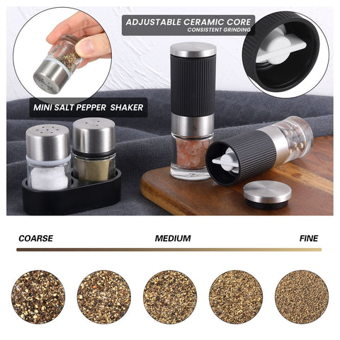 VEVOK CHEF spice mill highlighting adjustable coarseness for customized grind.