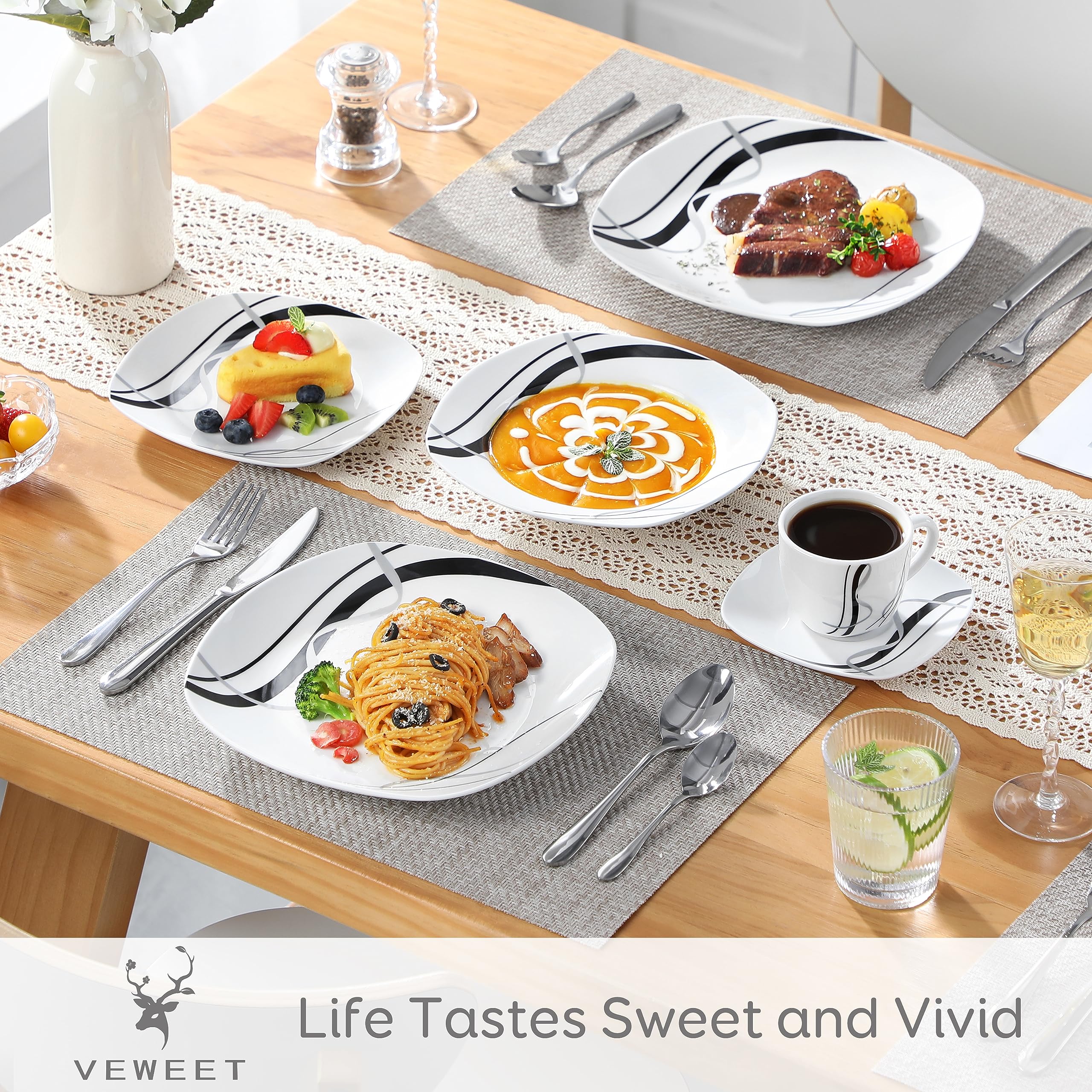 VEWEET Fiona soup plate 8.5-inch, smooth white porcelain with striped edge, ideal for soups.