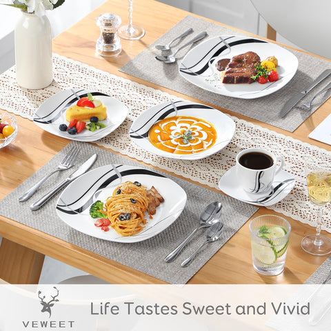 VEWEET Fiona soup plate 8.5-inch, smooth white porcelain with striped edge, ideal for soups.