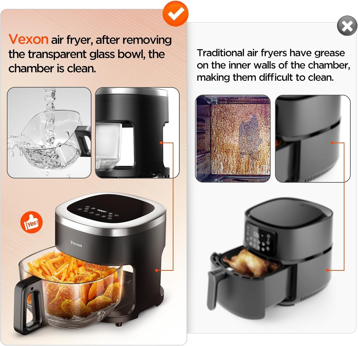 Vexon 6-in-1 glass air fryer 360-view shows transparent bowl for watching progress.