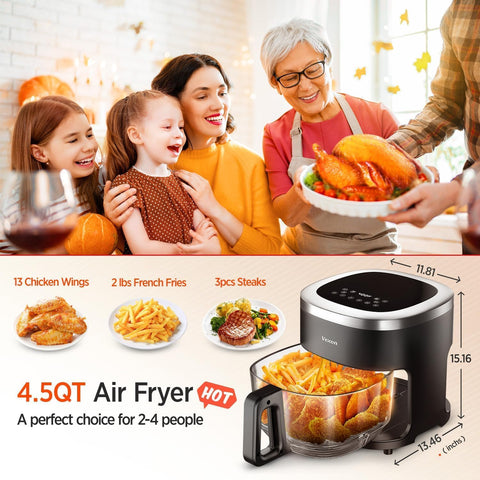 Vexon air frying action delivers crisp, evenly browned meals.