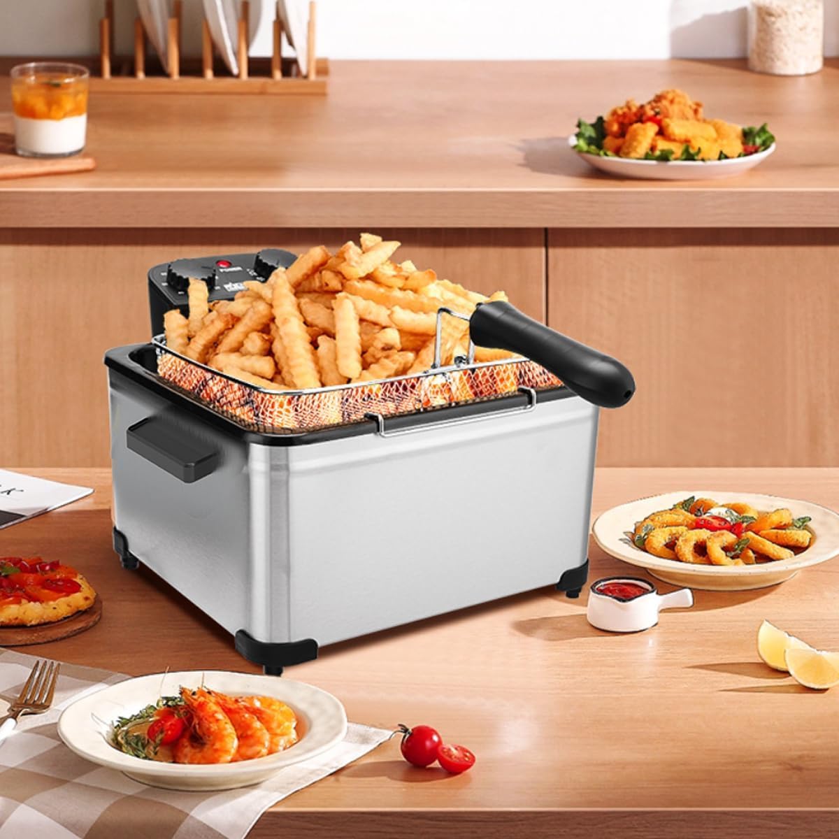 Vexon deep fryer features three baskets for separate foods and flavors.