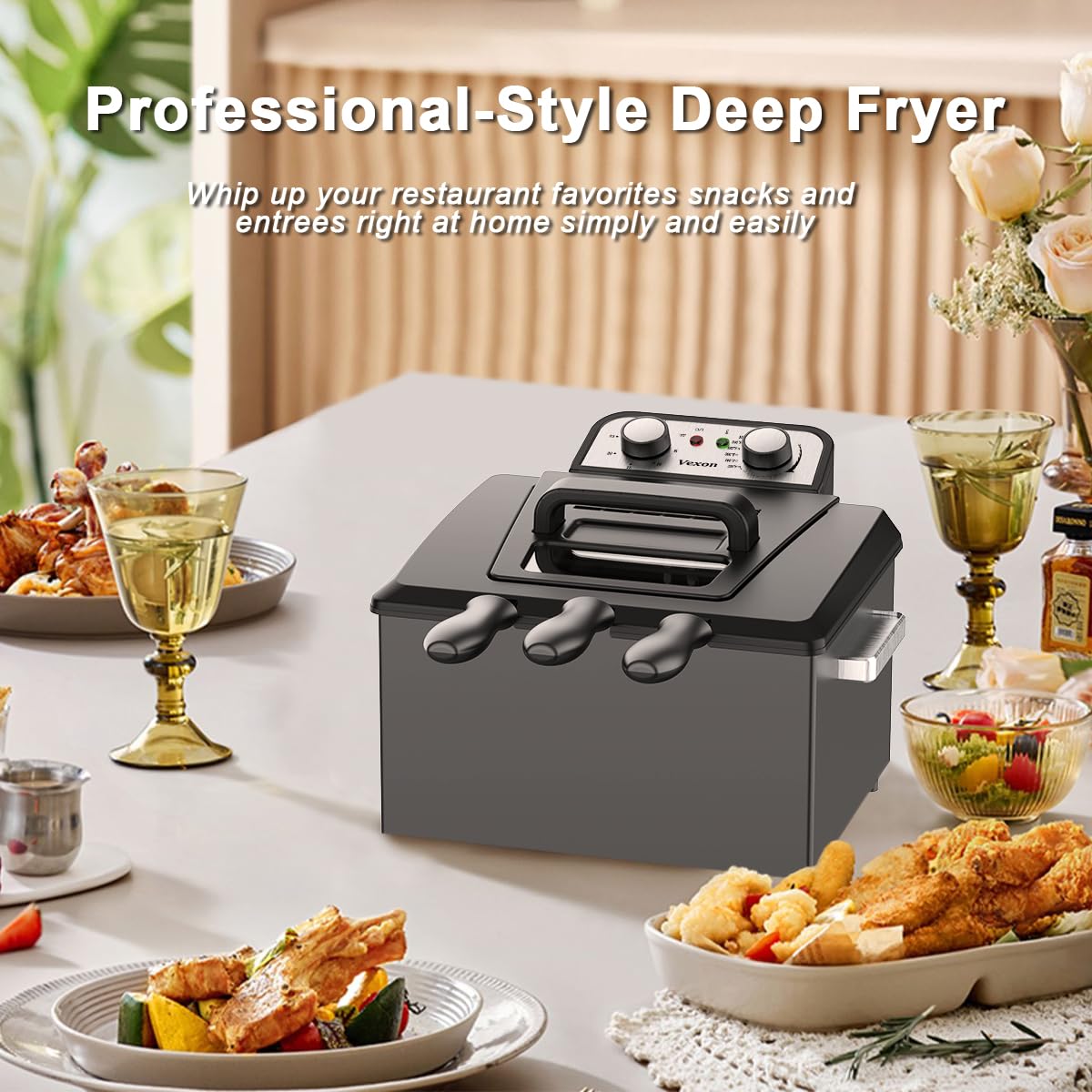 Vexon deep fryer detachable cool handle reduces steam and burns risk.