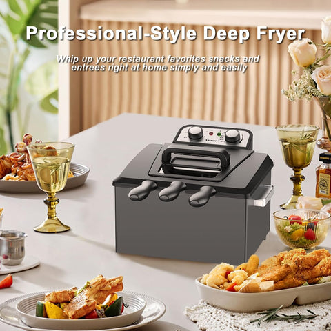Vexon deep fryer detachable cool handle reduces steam and burns risk.
