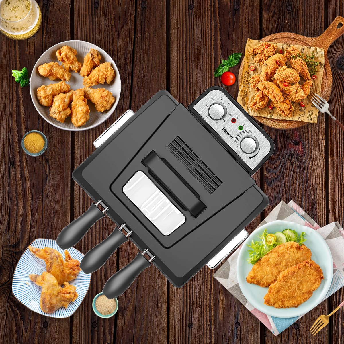 Vexon deep fryer stainless steel body offers durable countertop kitchen companion.