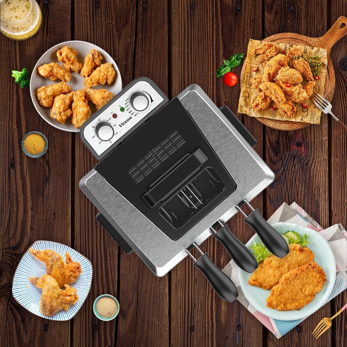 Vexon deep fryer stainless steel body offering durability and easy cleaning.