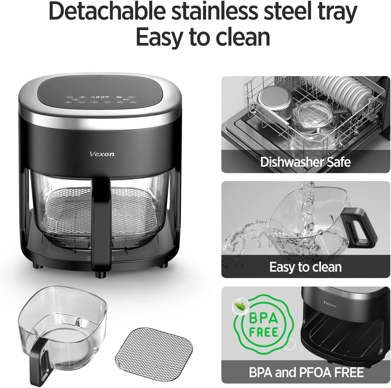 Vexon glass bowl close-up highlights easy-clean, dishwasher-safe design.