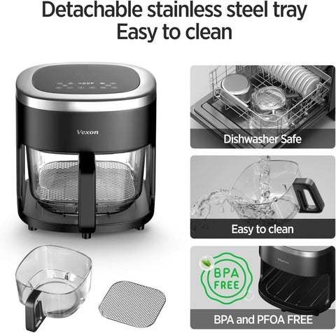 Vexon glass bowl close-up highlights easy-clean, dishwasher-safe design.