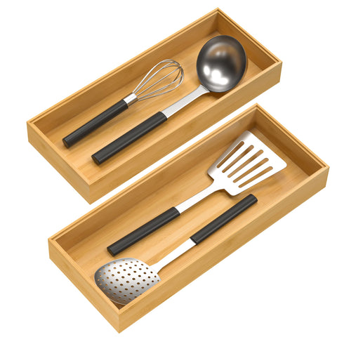VeyFey bamboo drawer organizer stackable set keeps utensils neatly organized and within reach.